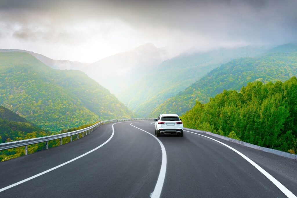Macchina che percorre una strada nel verde