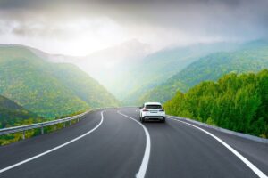 Macchina che percorre una strada nel verde