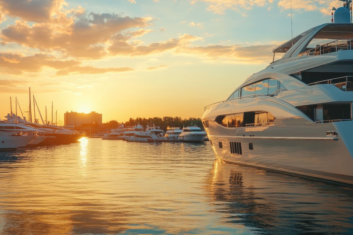 Barche e yacht attraccati in un porto turistico illuminato dal tramonto.