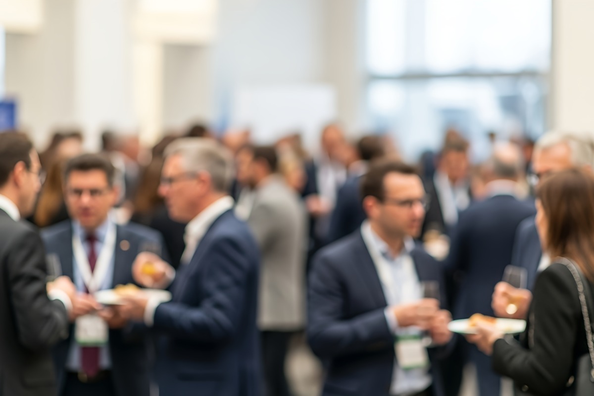 Immagine d'insieme sfocata di esperti durante un incontro di lavoro.