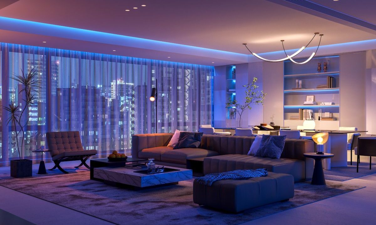 Soggiorno moderno: ambiente curato con luci a LED e un'atmosfera calda.