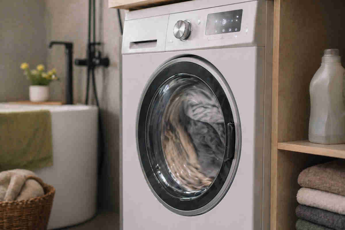 Primo piano di una lavatrice in funzione