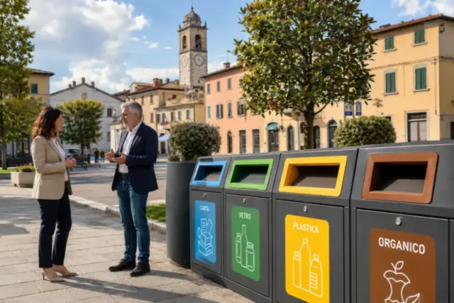 Piazza cittadina con stazioni di riciclaggio