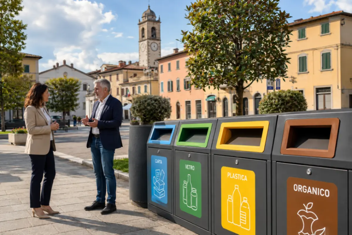Piazza cittadina con stazioni di riciclaggio