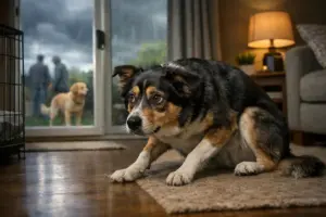 Cane accovacciato e teso in salotto, con temporale e figure sfocate fuori dalla porta a vetri