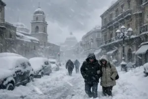 Strada cittadina con bufera di neve, auto sepolte e persone che camminano tra edifici storici e una cupola sullo sfondo