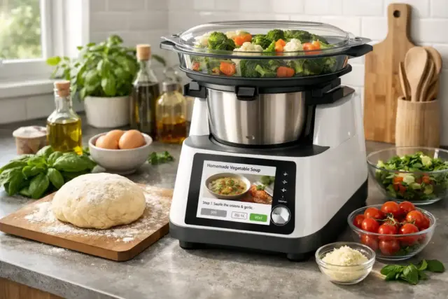 Robot da cucina multifunzione con cestello a vapore pieno di verdure e display ricette su un piano cucina