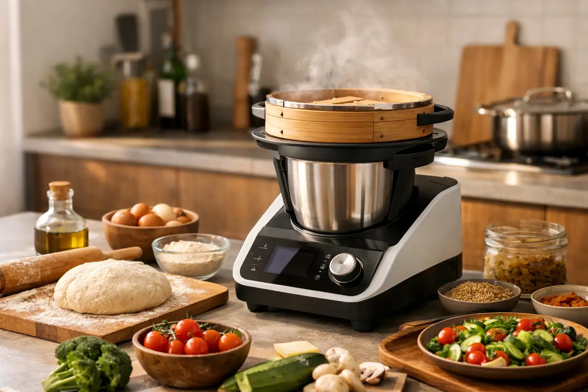 Robot da cucina multifunzione con cestello a vapore, impasto e ingredienti freschi su un piano cucina