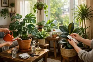 Cura delle piante da interno vicino a una finestra: annaffiatura di una monstera e pulizia delle foglie