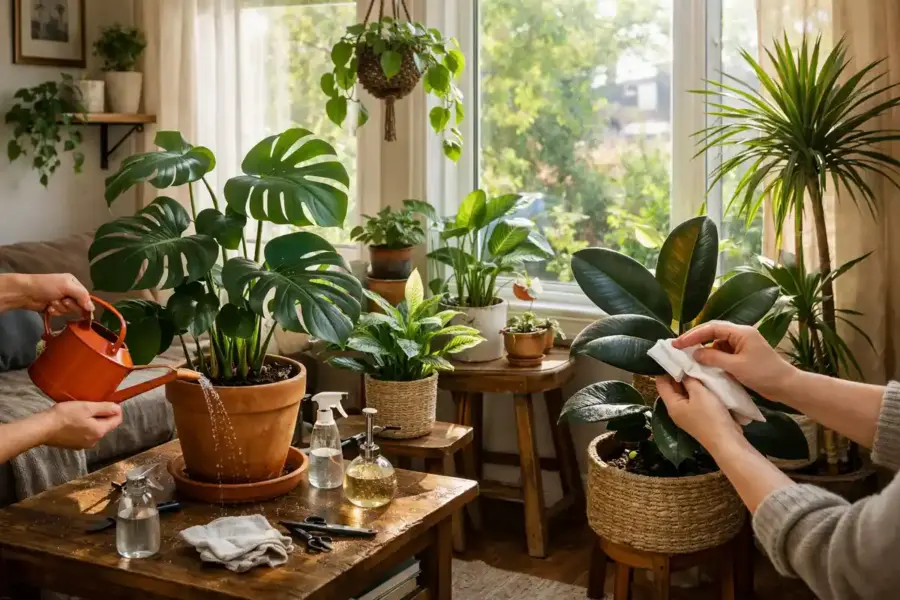 Cura delle piante da interno vicino a una finestra: annaffiatura di una monstera e pulizia delle foglie