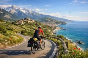 Ciclista con borse da viaggio su strada costiera panoramica, con borgo collinare, montagne e mare azzurro