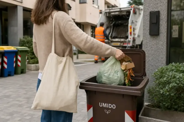 Persona getta un sacchetto compostabile e scarti di cucina nel bidone dell’umido, con camion della raccolta sullo sfondo