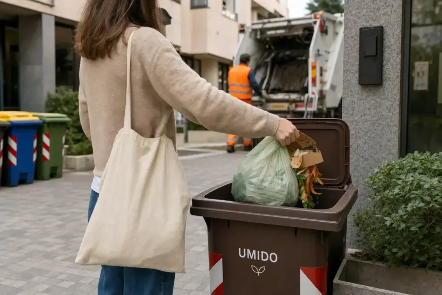 Persona getta un sacchetto compostabile e scarti di cucina nel bidone dell’umido, con camion della raccolta sullo sfondo