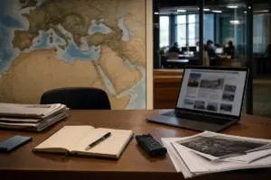 Scrivania di redazione con laptop aperto, taccuino, registratore e documenti, sullo sfondo una mappa del Mediterraneo