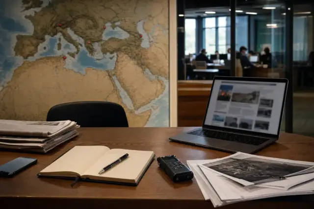 Scrivania di redazione con laptop aperto, taccuino, registratore e documenti, sullo sfondo una mappa del Mediterraneo
