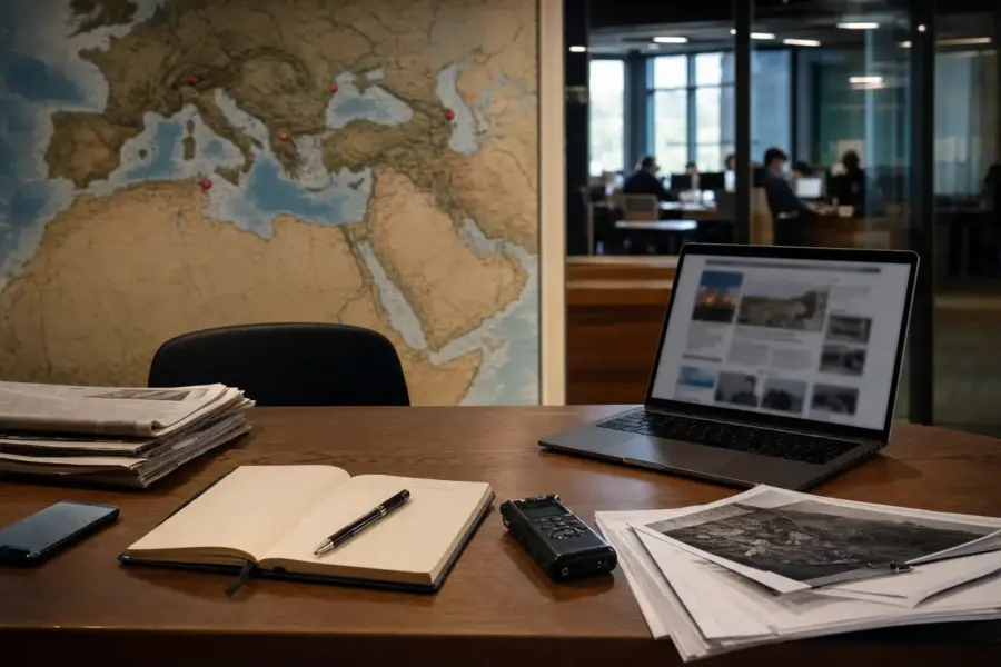 Scrivania di redazione con laptop aperto, taccuino, registratore e documenti, sullo sfondo una mappa del Mediterraneo