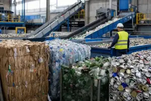 Operatore in impianto di riciclo con balle di cartone, bottiglie di plastica, vetro e lattine su nastri trasportatori