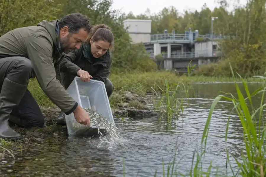 Due tecnici rilasciano piccoli pesci argentati da un contenitore trasparente in un fiume, con impianto sullo sfondo