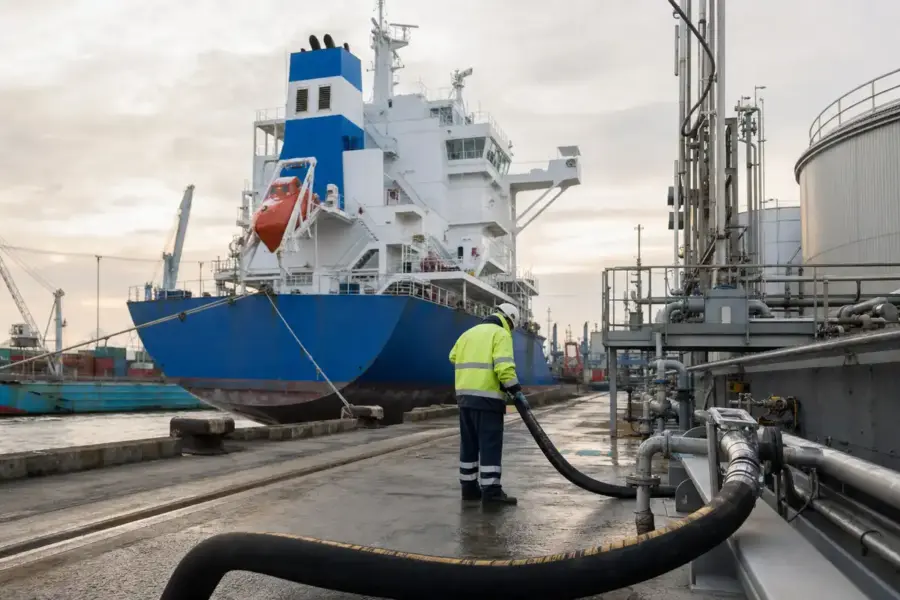 Tecnico al porto collega un grosso tubo di rifornimento a una nave cargo attraccata, con serbatoi e tubazioni sul molo