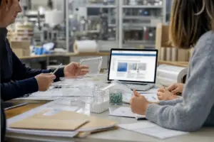 Professionisti analizzano campioni di imballaggi in plastica e documenti accanto a un laptop in un reparto produttivo