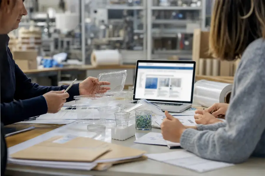 Professionisti analizzano campioni di imballaggi in plastica e documenti accanto a un laptop in un reparto produttivo