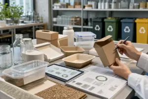 Mani che controllano un imballaggio in cartone tra vaschette, barattoli, tablet e documenti in laboratorio