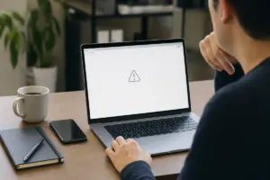 Persona al computer con laptop che mostra un’icona di avviso su pagina vuota, con tazza di caffè e smartphone sul tavolo