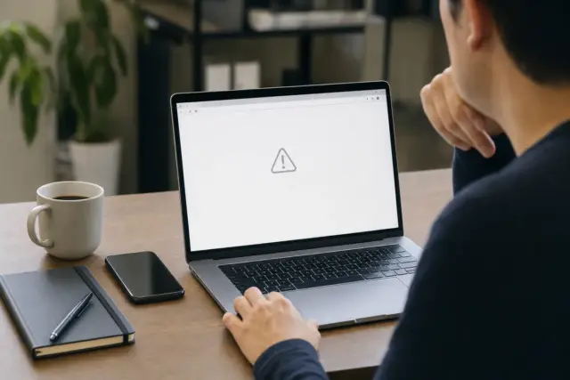 Persona al computer con laptop che mostra un’icona di avviso su pagina vuota, con tazza di caffè e smartphone sul tavolo
