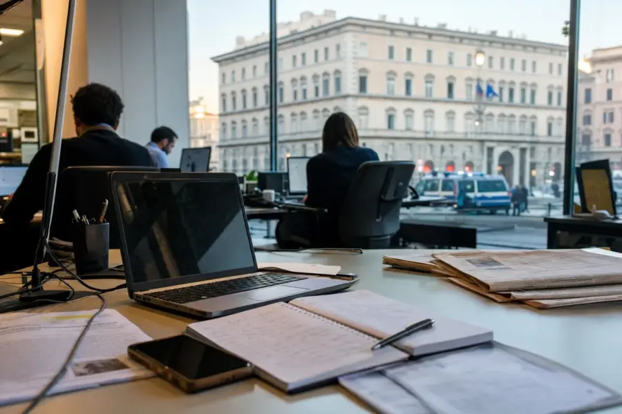Scrivania in redazione con laptop, taccuino e documenti; giornalisti al lavoro e palazzo istituzionale visibile dalla