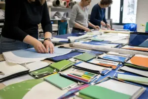 Volontari in laboratorio preparano kit scolastici con materiali riciclati, astucci e quaderni sul tavolo da lavoro