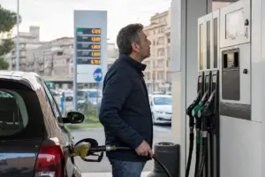 Automobilista fa rifornimento e osserva il display della pompa in una stazione di servizio urbana