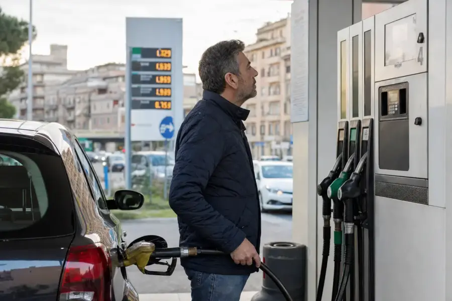Automobilista fa rifornimento e osserva il display della pompa in una stazione di servizio urbana