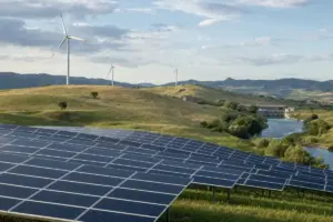 Pannelli fotovoltaici in primo piano, turbine eoliche sulle colline e piccolo impianto idroelettrico vicino a un canale
