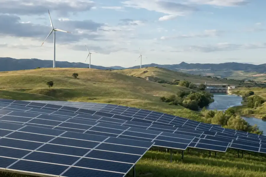 Pannelli fotovoltaici in primo piano, turbine eoliche sulle colline e piccolo impianto idroelettrico vicino a un canale