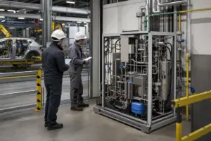 Due tecnici con casco controllano un impianto industriale con tubazioni e manometri in uno stabilimento