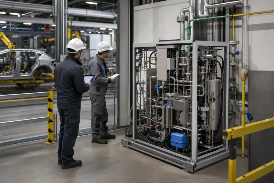 Due tecnici con casco controllano un impianto industriale con tubazioni e manometri in uno stabilimento