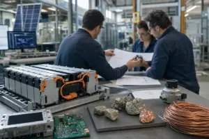 Modulo batteria su banco con campioni di minerali, scheda elettronica e bobina di rame in laboratorio industriale