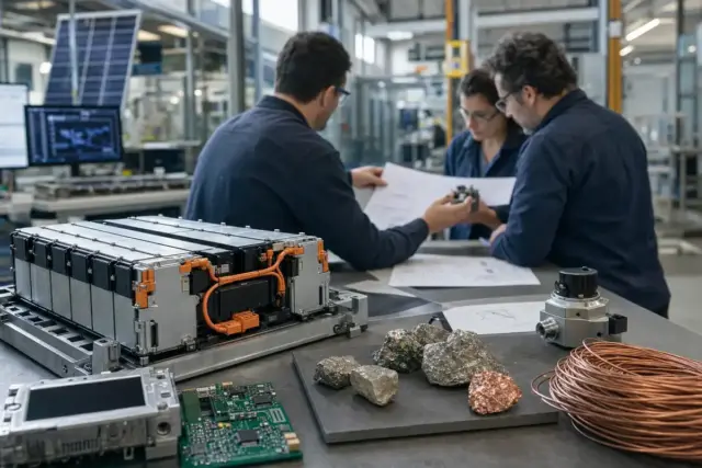 Modulo batteria su banco con campioni di minerali, scheda elettronica e bobina di rame in laboratorio industriale