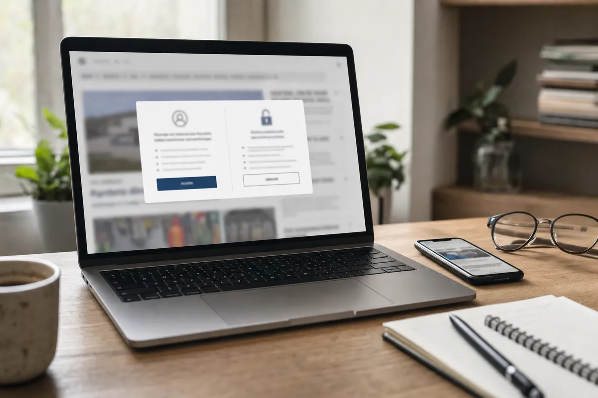 Laptop su scrivania con pop-up di consenso cookie e opzioni di accesso, accanto a smartphone, occhiali e taccuino