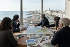 Riunione istituzionale su ambiente ed energia con mappe e laptop, sullo sfondo una città costiera vista dalla finestra