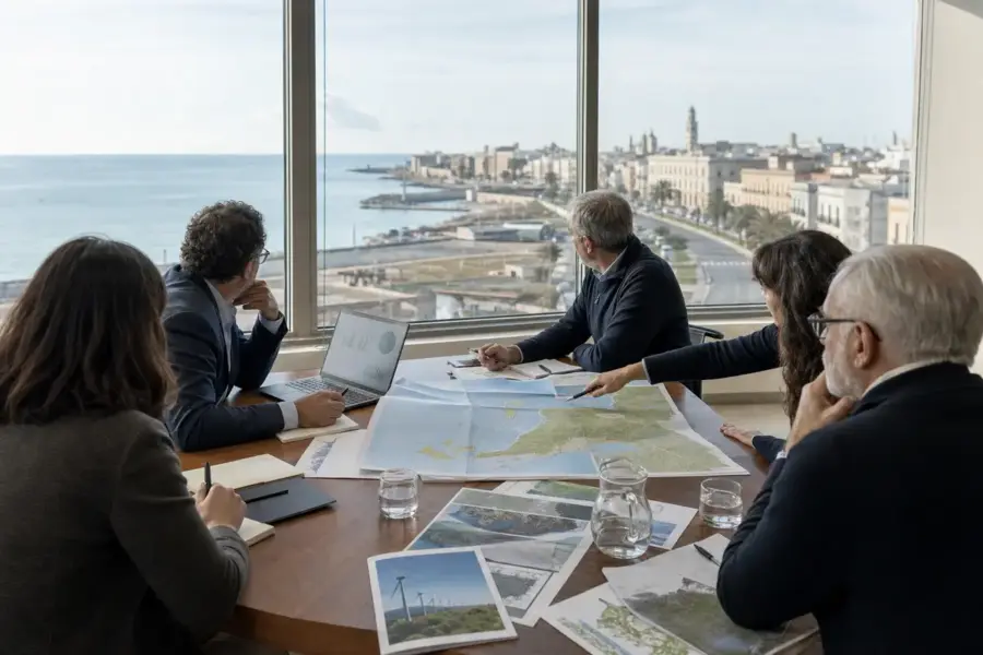Riunione istituzionale su ambiente ed energia con mappe e laptop, sullo sfondo una città costiera vista dalla finestra