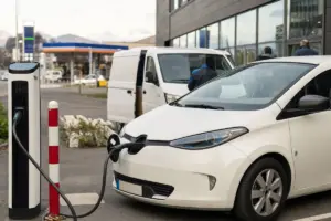 Auto elettrica bianca in ricarica a una colonnina, con furgone sullo sfondo e stazione di servizio distante