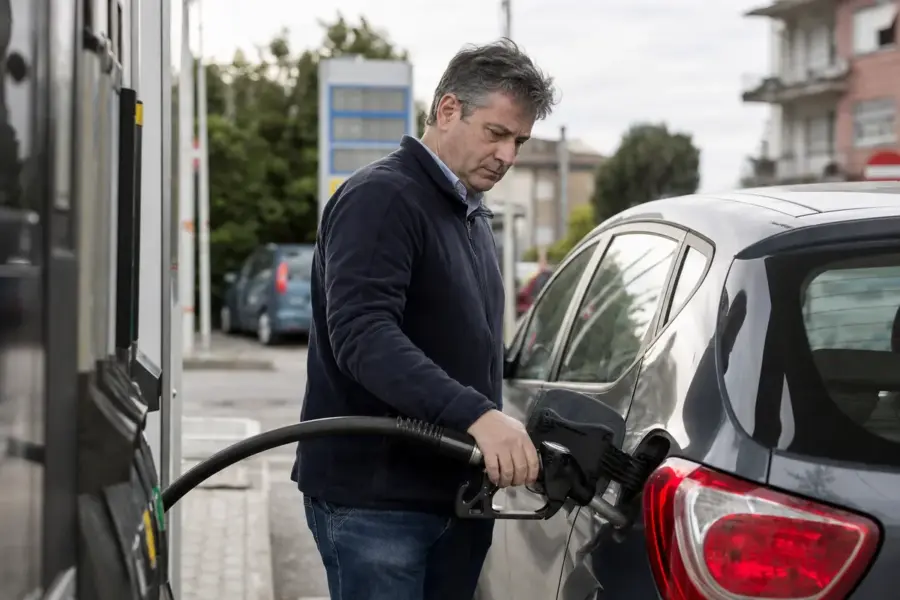 Uomo pensieroso fa rifornimento a un’auto compatta con la pompa di benzina in una stazione di servizio