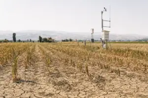 Campo arido con terreno screpolato e stazione meteo su treppiede, colline velate sullo sfondo