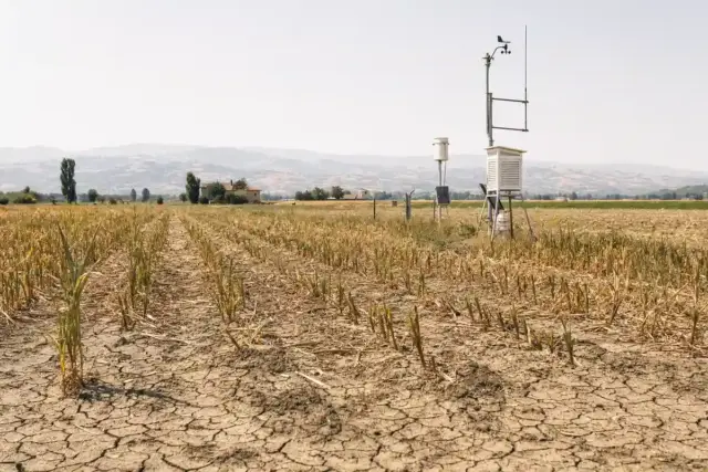 Campo arido con terreno screpolato e stazione meteo su treppiede, colline velate sullo sfondo