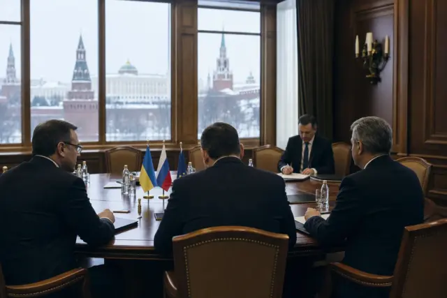 Diplomatici in giacca e cravatta attorno a un tavolo con bandierine di Ucraina, Russia e Ue, con vista sul Cremlino